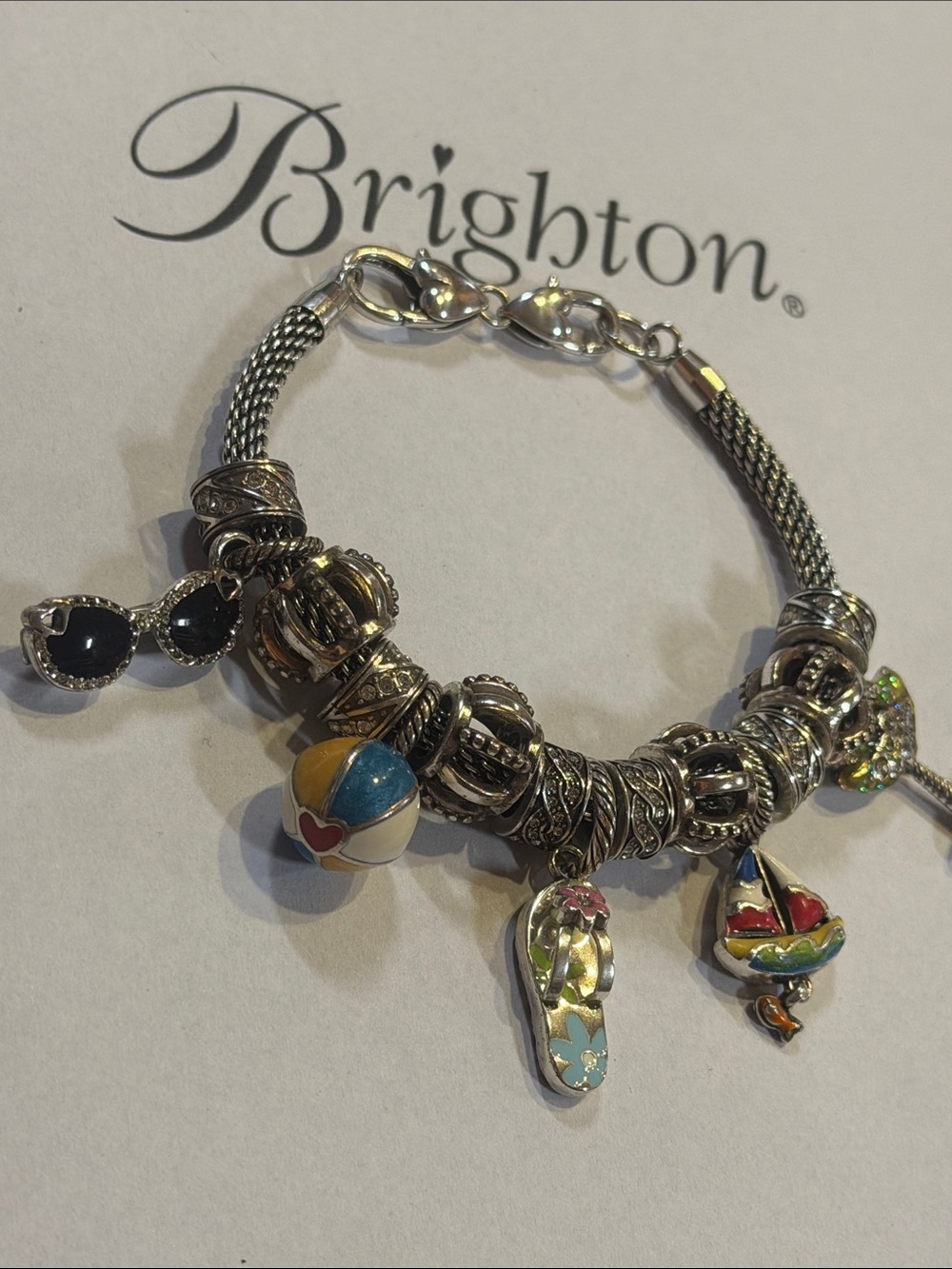 🌊⛵️ Brighton SWAROVSKI CRYSTAL SILVER Nautical Summer Beach Charm Bracelet